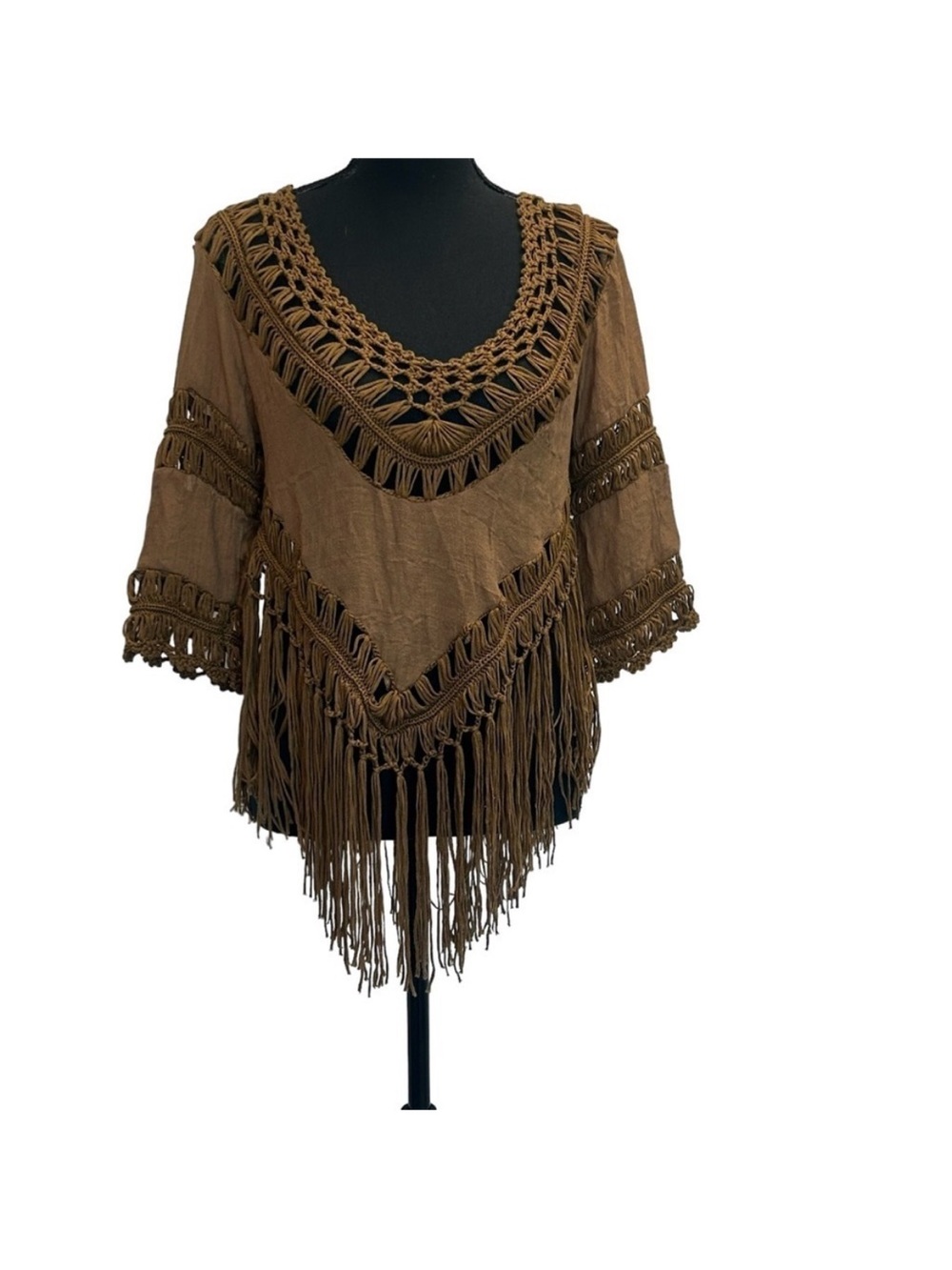 Rebellion Brown Crochet Fringe Poncho Top
